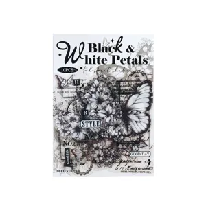 Dettaglio adesivo PET farfalla e fiori bianco e nero, design vintage per decorazioni.