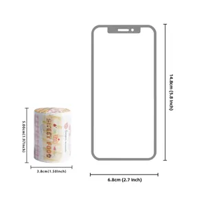 Washi tape size detail chart showing dimensions and mobile phone scale reference comparison.