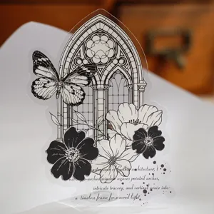 Gothic arch window butterfly transparent decorative sticker for journaling and DIY crafts.