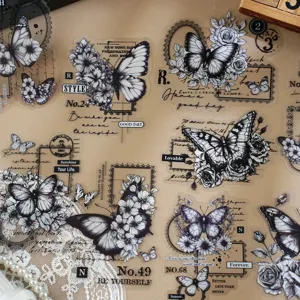 Adesivi PET farfalla in bianco e nero vintage, scrapbooking floreale e decoro per cover DIY.