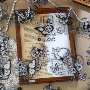 Dettagli adesivi PET farfalla in bianco e nero vintage, diario scrapbooking fai da te.