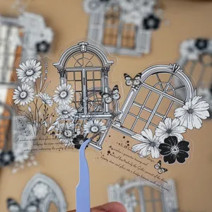 Retro black and white line art window butterfly transparent sticker for DIY journal.