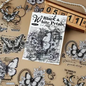 Set di adesivi PET con farfalle in bianco e nero vintage per diario e progetti fai da te.