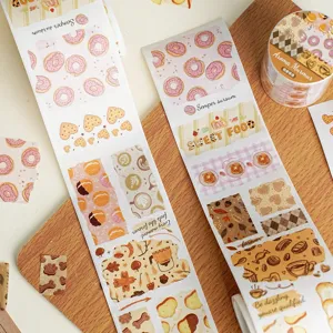Washi tape detail showcasing cute dessert and bread patterns for creative journal DIY and crafts.