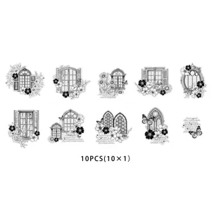 Details of retro line art window and butterfly stickers, perfect for DIY journaling and crafts.