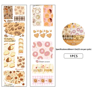 Cute dessert washi tape detail view, bread and coffee illustrations, 60mmx2m journaling material.