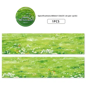 Detailed view of pastoral style green grass pattern decorative tape, 60mm by 2m roll for crafts.