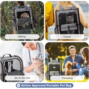 Portable pet backpack with breathable mesh and expandable design for hiking, travel, and camping.