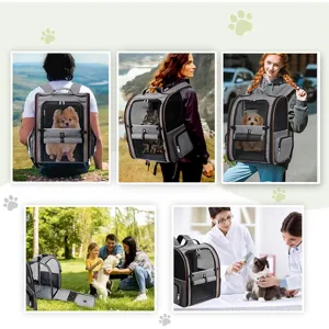 Detailed view of the expandable grey pet backpack showing multiple outdoor and clinic usage.