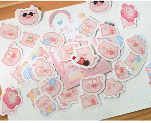 Cute pink pig cartoon stickers for journaling, planner DIY, aesthetic stationery.