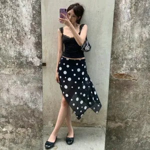 Women sexy mesh polka dot print irregular skirt autumn fashion versatile slim midi skirt