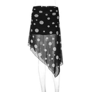 Details of fashion women black mesh polka dot irregular skirt elegant sexy autumn style.