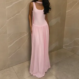 Pink slim long dress for women, sleeveless scoop neck with chic choker strap and pleated skirt.