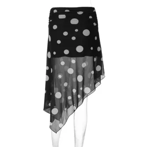 Black mesh polka dot skirt detail showing sheer asymmetric hem and lightweight fabric texture.