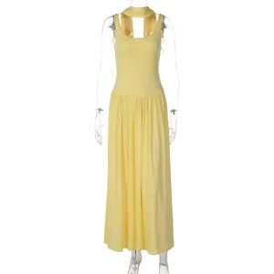 Yellow long sleeveless pleated maxi dress with neck scarf detail for women elegant casual