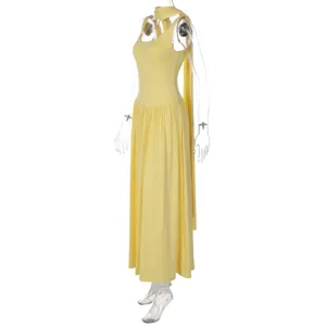 Yellow long halter dress detail, slim fit tank style with elegant draped ribbon scarf.