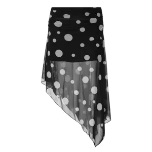 Womens black polka dot mesh asymmetrical skirt, stylish sheer overlay detailed apparel.