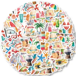 Summer beach waterproof graffiti stickers set for laptop, water bottle, and skateboard decoration.