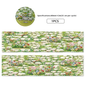 Stone path flower washi tape detail view, decorative garden landscape material, 60mmx2m.