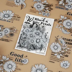 Vintage black white line art daisy PET stickers with English quotes for scrapbooking DIY crafts.