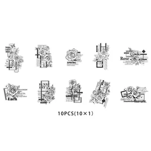 Retro line art rose and film English stickers, black and white border DIY journal supplies.