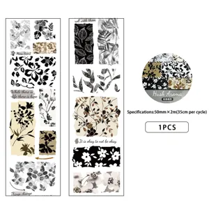 Botanical collage washi tape close up, black and white floral pattern 50mm width.