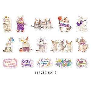 15pcs cute watercolor cat stickers set, aesthetic decorative decals for journaling and DIY crafts.