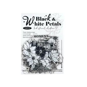 Close up of black and white floral theme decorative stickers, perfect for scrapbooking.