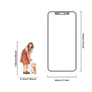 Watercolor style cute cat girl sticker size comparison diagram with phone reference specs.