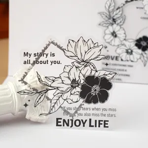 Transparent floral sticker with English quotes, aesthetic black and white diary DIY craft deco.