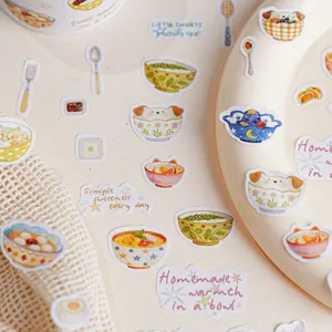 Cute watercolor sticker set, cartoon food and dog decorative stickers for journaling.