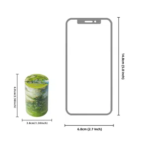 PET decorative tape size chart with detailed dimensions and phone scale comparison for journaling.