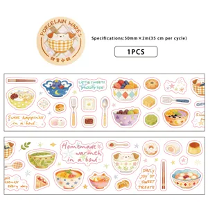 Cute food themed washi tape decorative stickers, 50mm by 2m roll for journaling and crafts.