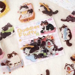 Close-up of Etori fluffy black and white cat PET stickers, ideal for journals and phone cases.