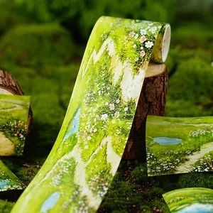 Detail shot of field path PET journal tape with natural flower and landscape design for DIY crafts.