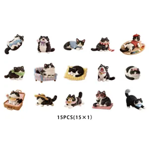 Cute black and white tuxedo cat PET stickers set, 15pcs felt style decorative decals for journal