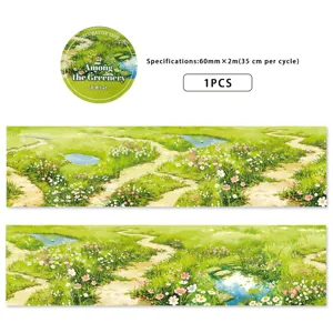 PET decorative masking tape with pastoral path scenery design, ideal for journal diy crafts.