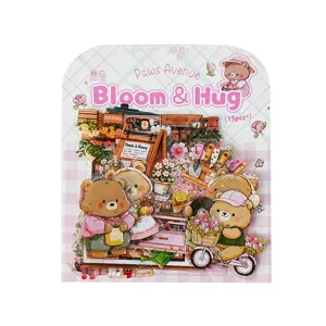 Transparent PET decorative stickers detail, cute bear and flower shop theme design for journaling.