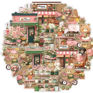 Cute Bear Flower Shop Transparent PET Stickers Floral Decorative DIY Journaling Waterproof Scrapbooking Stationery