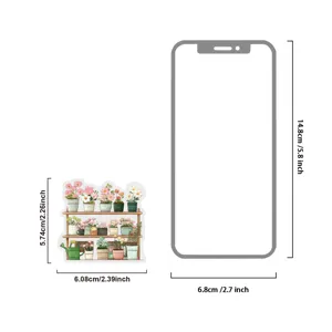 Transparent PET flower pot shelf sticker size comparison chart for phone decoration DIY.