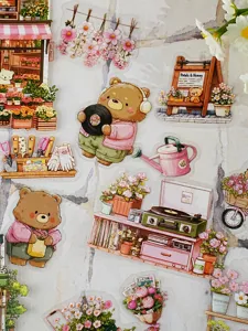 Detailed view of cute bear flower shop transparent PET stickers, perfect for journaling and DIY decor.
