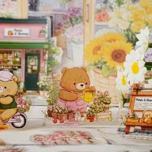 Cute little bear flower shop transparent PET stickers, fresh floral decorative DIY journaling items.