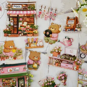 Cute bear flower shop transparent PET stickers, waterproof DIY journaling decorative stickers.