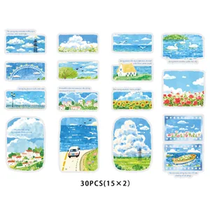 Cute watercolor landscape stickers set for journal decoration, spring sky design, 30pcs pack.