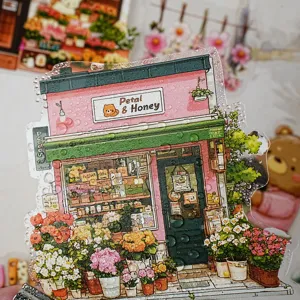 Cute bear flower shop transparent PET waterproof sticker for journaling and DIY crafts detail view.
