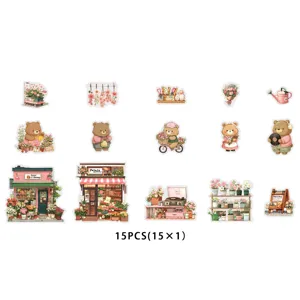 Detailed view of cute bear and flower shop transparent PET stickers, waterproof decorative decals.