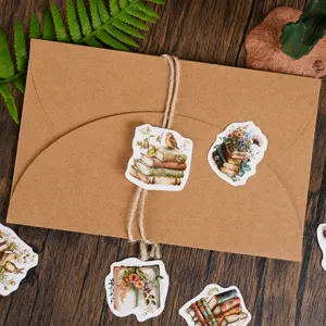 Vintage boeken en bloemen stickers voor dagboek, decoratieve DIY knutselstickers voor brieven.