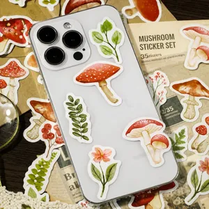 Decorative mushroom and plant stickers set, vintage botanical self-adhesive decals for journal.