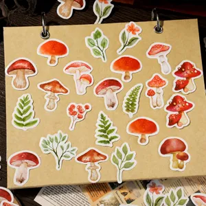 Cute mushroom and plant watercolor stickers set for journaling, scrapbooking, and crafts.