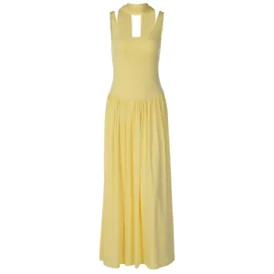 Yellow long sleeveless dress detail, slim fit pleated tank dress with ribbon neck strap.